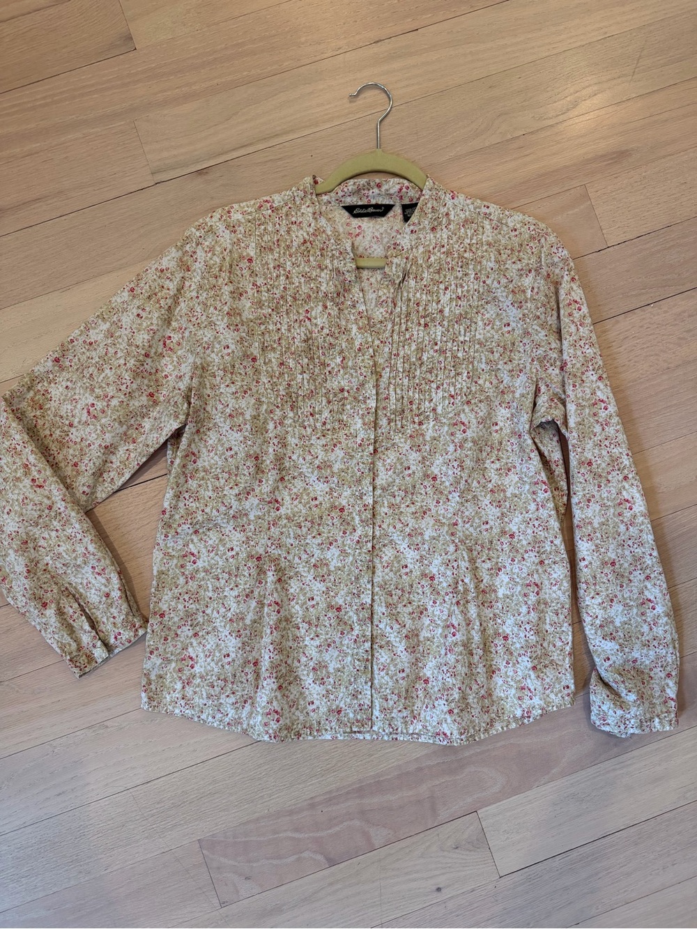 Eddie Bauer Floral Pintuck Button-Up Blouse in Cream and Pink